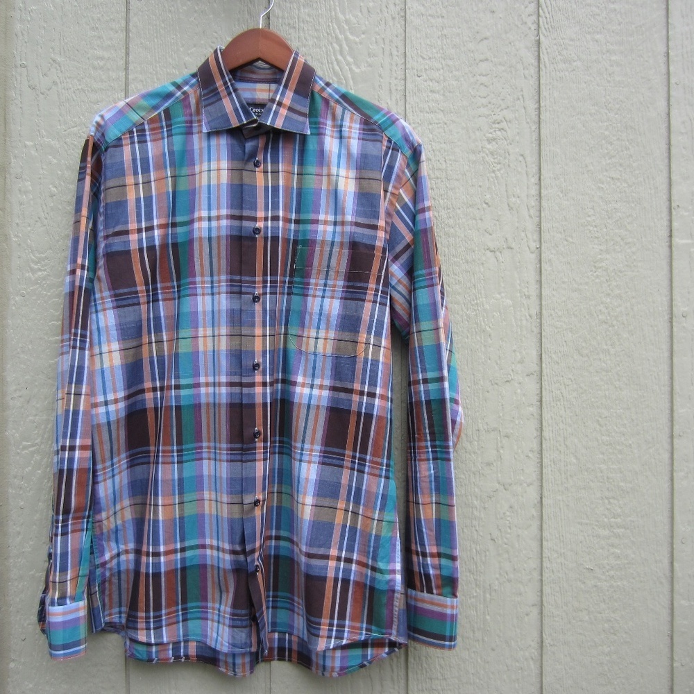 St. Croix Dress Shirt Mens M Cotton Plaid Long Sleeve Italy Career Casaul office